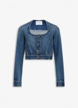 Blue Women's Alaia Nekcline Denim Jackets Australia | V7S-3973