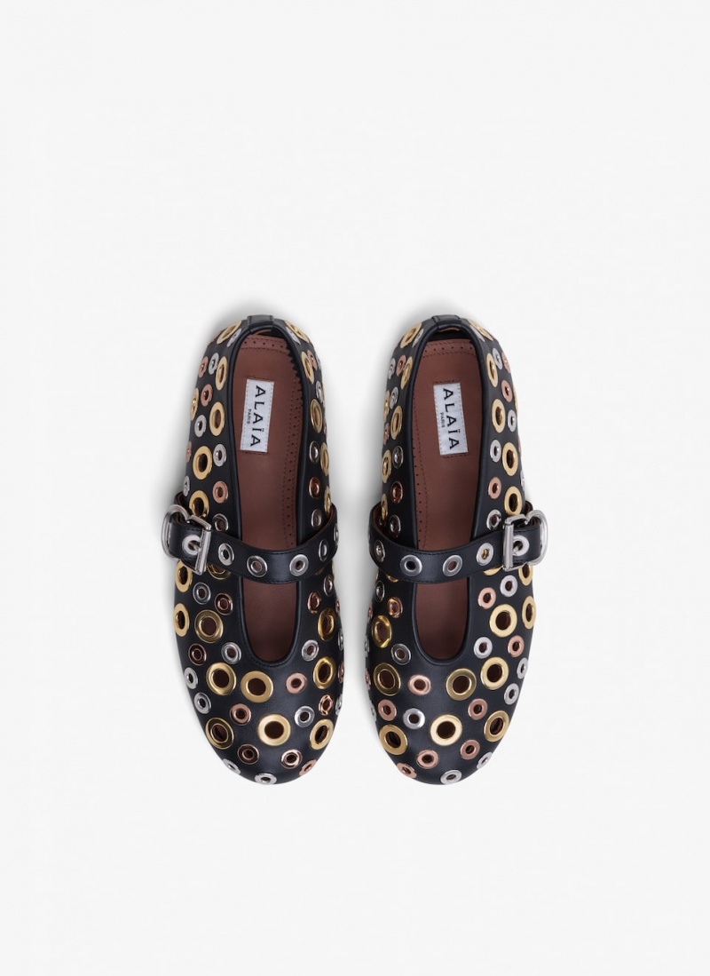 Black Women's Alaia Ballet Eyelet Flat Shoes Australia | K3K-5108