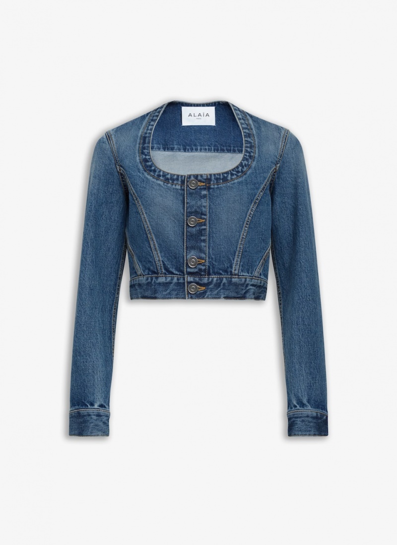 Blue Women\'s Alaia Nekcline Denim Jackets Australia | V7S-3973