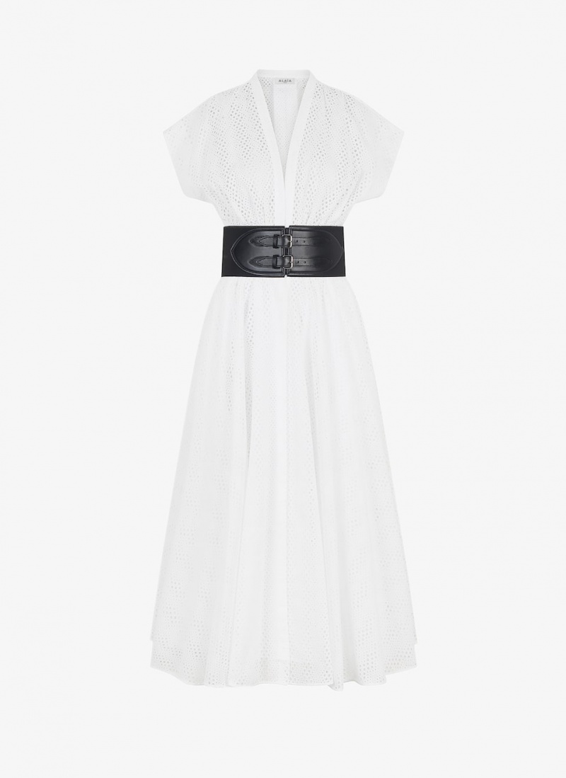 White Women\'s Alaia Broderie Anglaise Belted Dress Australia | N6C-8760