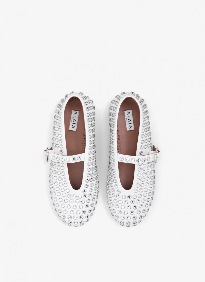 White Women's Alaia Strass Lambskin Ballet Flat Shoes Australia | K6W-6486